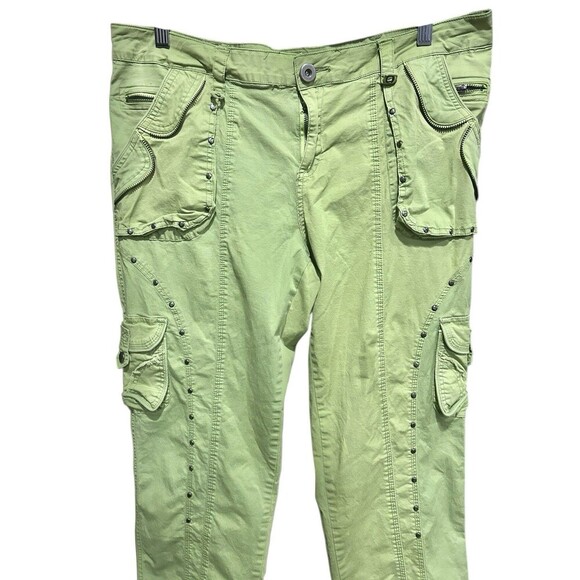 Cache Capri Pants 90s Y2K Studded Neon Green Cargo Pockets Size 12 Vintage - Picture 2 of 8